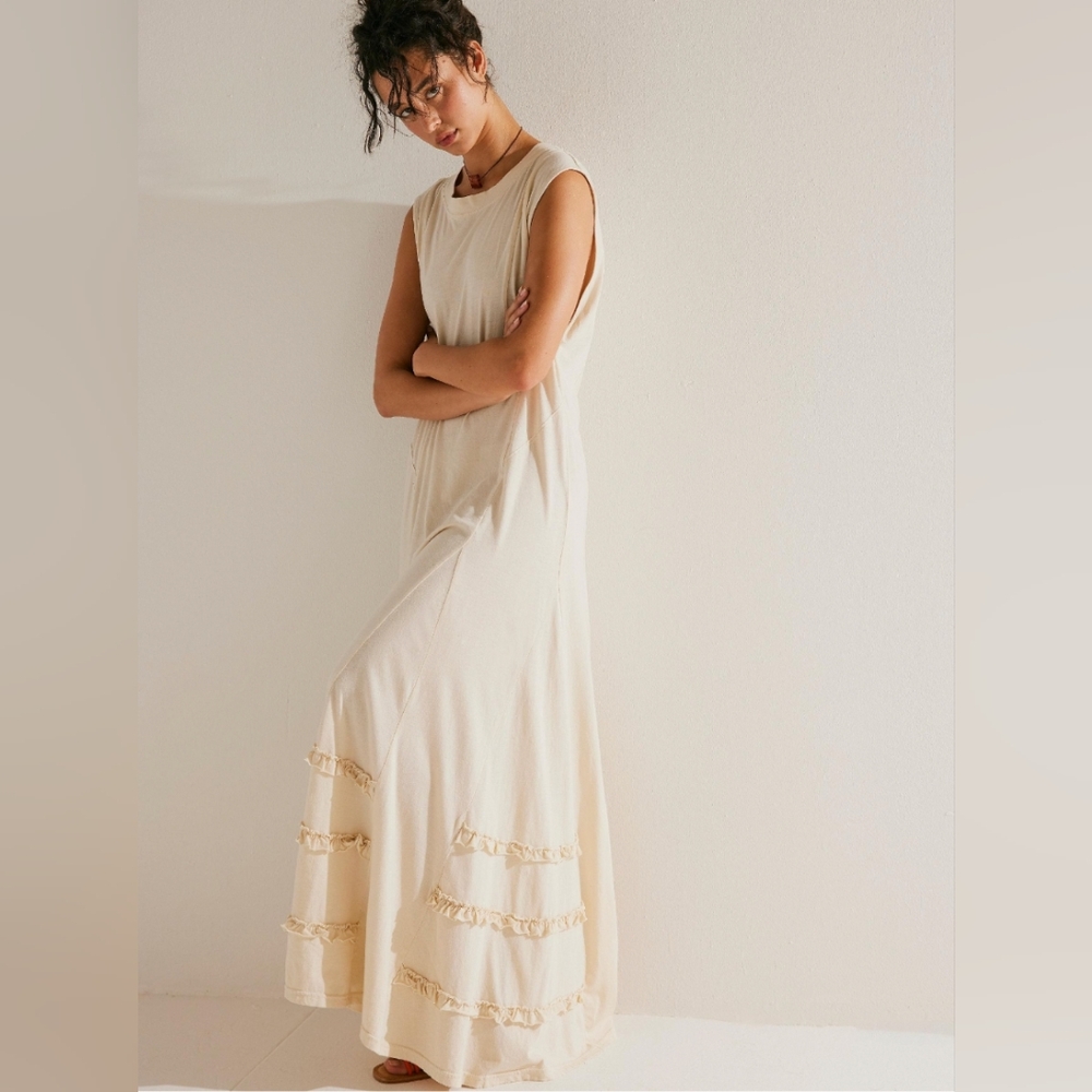 Arya Sleeveless Cream Maxi Dress with Ruffle Trim